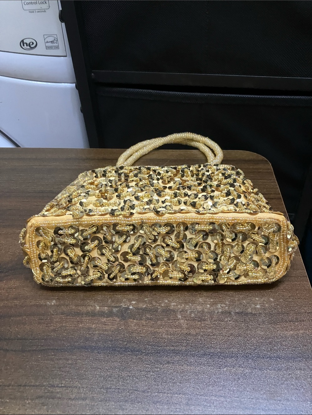 Gold Sequin Beaded Evening Clutch with Beaded Handles - Picture 9 of 11